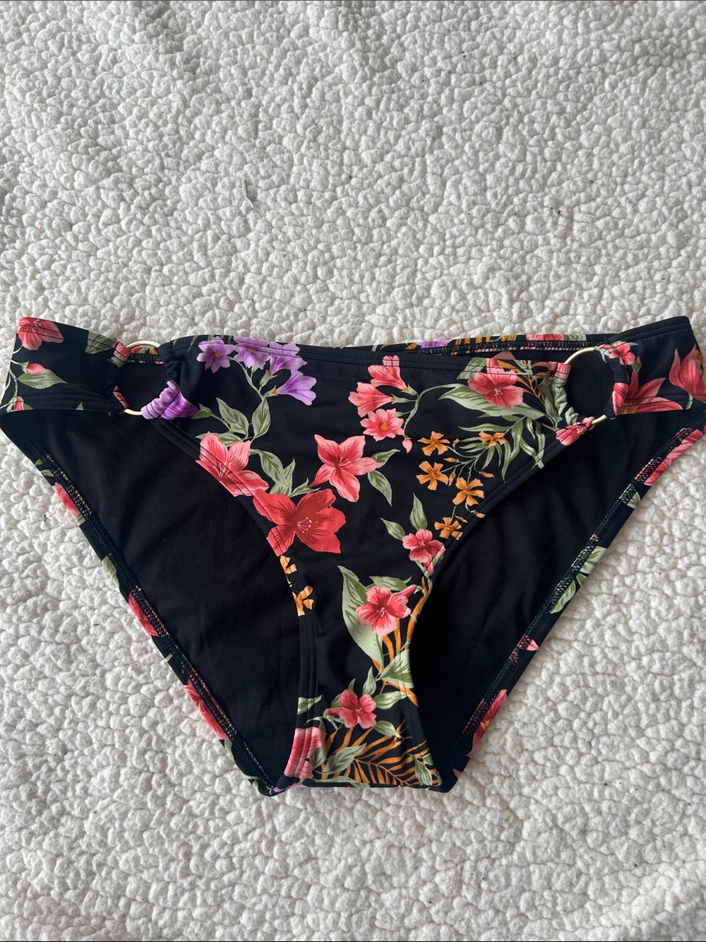 Shade & Shore Black Floral Bikini Bottoms with Pink, Purple & Orange Blooms